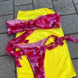 Pink Floral Bikini Set with Yellow Cover-Up